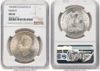 Republic 5 Sucres 1943-Mo MS66 NGC, Mexico City mint, KM79. Tied for the "Top-Pop" grade designation on the NGC census, possessing notable cartwheel l...