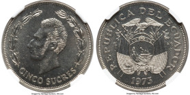 Republic 5 Sucres 1973 MS66 NGC, KM84. Mintage: 500. A modern issue of significant interest in Chilean numismatics. This issue never saw circulation, ...