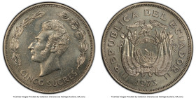 Republic 5 Sucres 1973 MS65 PCGS, Vereinigte Deutsche Metallwerke mint, KM84. Mintage: 500. Absolute scare modern issue, here presented in an Gem leve...