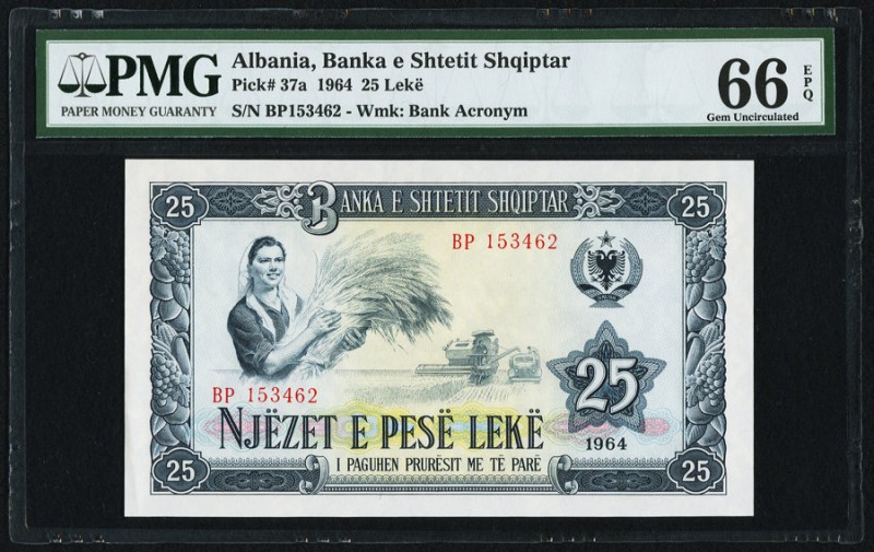 Albania Banka e Shtetit Shqiptar 25 Leke 1964 Pick 37a PMG Gem Uncirculated 66 E...