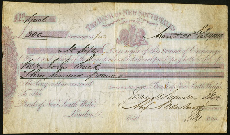 Australia Bank of New South Wales, Second of Exchange 300 Pounds 1859 Pick UNL V...