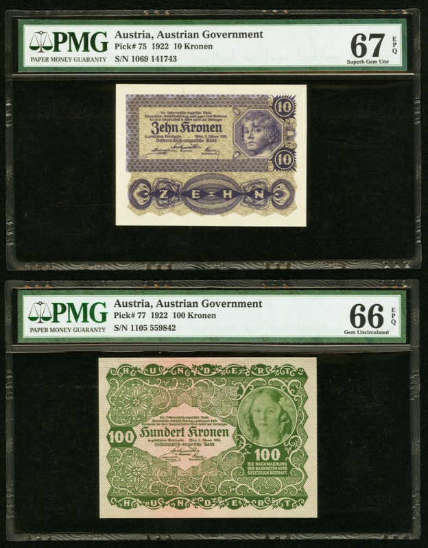 Austria Austrian Government 10; 100 Kronen 1922 Pick 75; 77 PMG Superb Gem Unc 6...