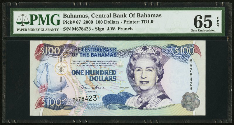 Bahamas Central Bank 100 Dollars 2000 Pick 67 PMG Gem Uncirculated 65 EPQ. 

HID...