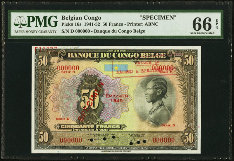 Belgian Congo Banque Centrale du Congo Belge 50 Francs 1941-52 Pick 16s Specimen...