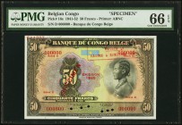 Belgian Congo Banque Centrale du Congo Belge 50 Francs 1941-52 Pick 16s Specimen PMG Gem Uncirculated 66 EPQ. Six POCs; printer's annotation.

HID0980...