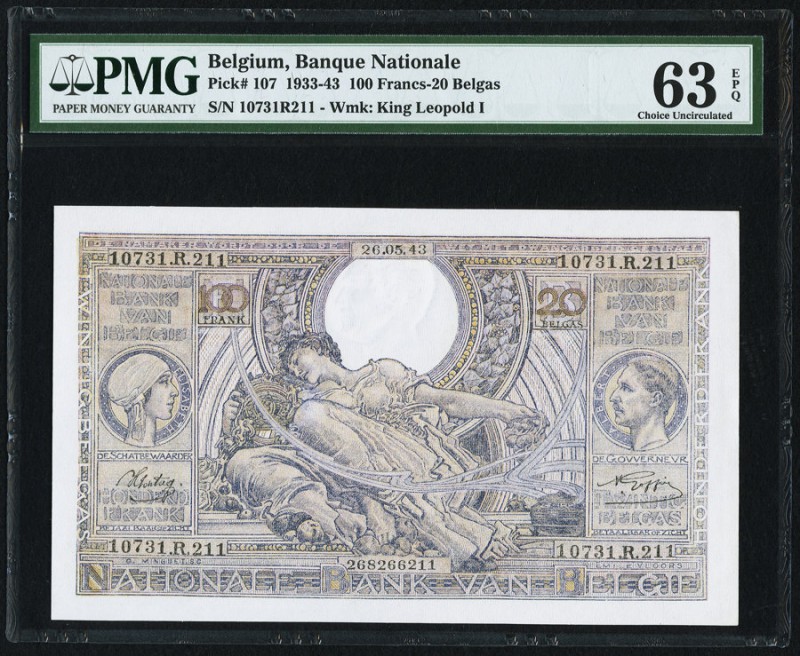 Belgium Banque Nationale de Belgique 100 Francs-20 Belgas 26.5.1943 Pick 107 PMG...
