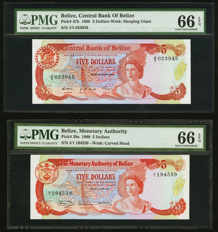Belize Central Bank 5 Dollars 1989; 1980 Pick 47b; 39a Two Examples PMG Gem Unci...