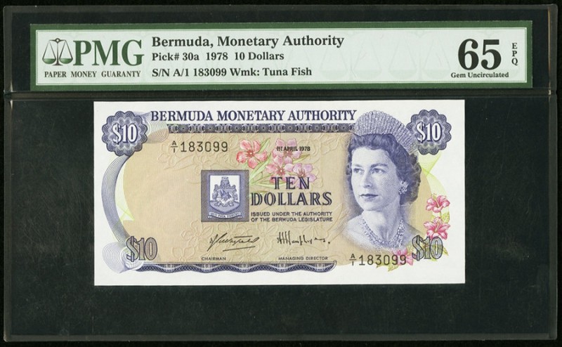 Bermuda Monetary Authority 10 Dollars 1.4.1978 Pick 30a PMG Gem Uncirculated 65 ...