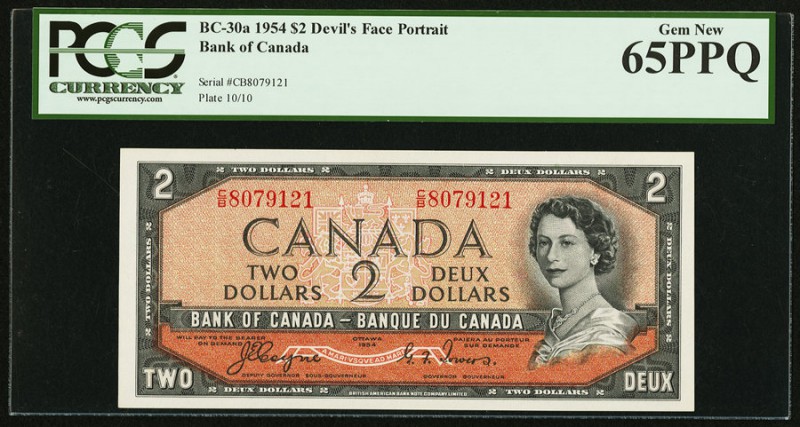 Canada Bank of Canada $2 1954 BC-30a "Devil's Face" PCGS Gem New 65PPQ. 

HID098...