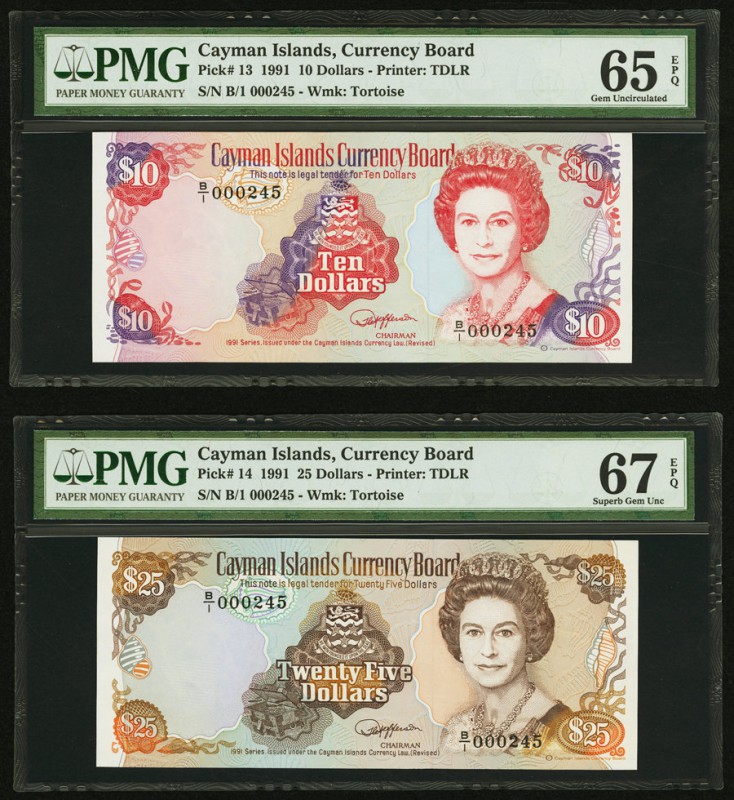 Cayman Islands Currency Board 10; 25 Dollars 1991 Pick 13; 14 PMG Gem Uncirculat...