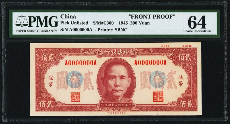 China Central Bank of China 200 Yuan 1945 Pick UNL S/M#C300 Front Proof PMG Choi...
