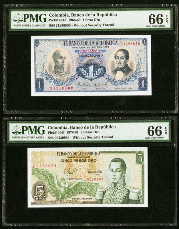 Colombia Banco de la Republica 1; 5 Pesos Oro 20.7.1967; 1.1.1981 Pick 404d; 406...