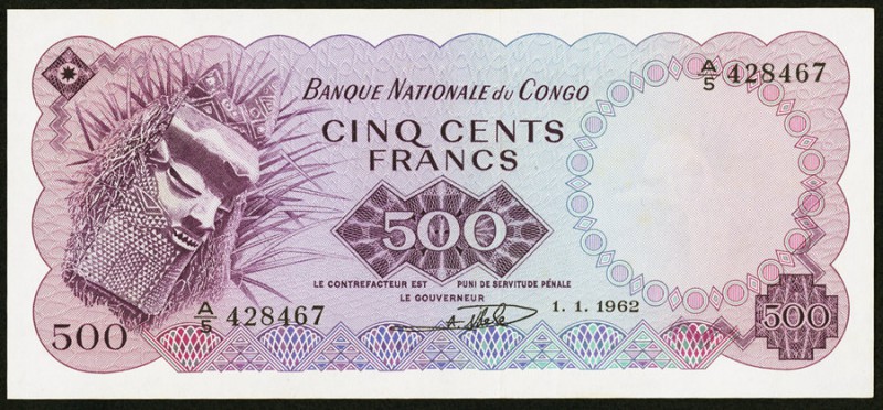 Congo, Democratic Republic Banque Nationale du Congo 500 Francs 1.1.1962 Pick 7a...