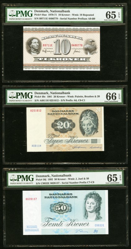 Denmark Nationalbank 10; 20; 50 Kroner 1970-71; 1981; 1992 Pick 44ae; 49c; 50j T...