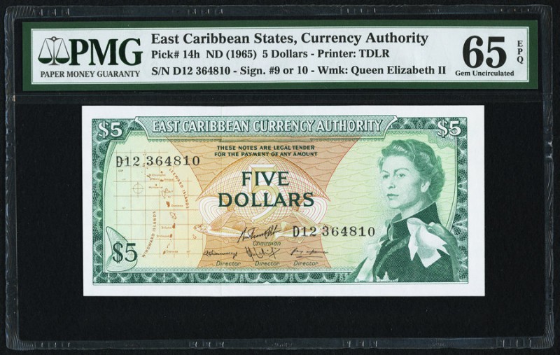 East Caribbean States Currency Authority 5 Dollars ND (1965) Pick 14h PMG Gem Un...