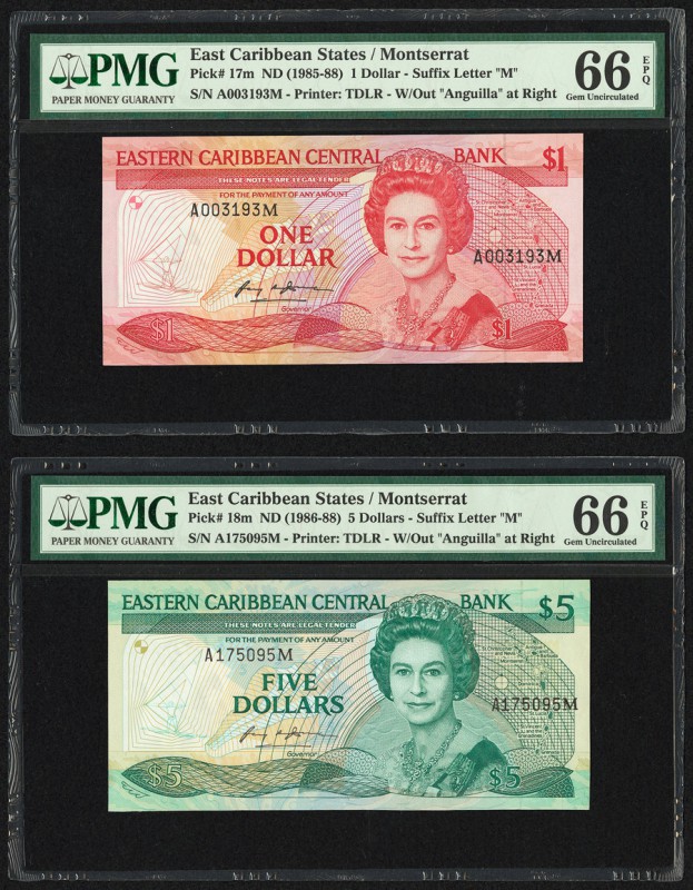 East Caribbean States Central Bank, Montserrat 1; 5 Dollars ND (1985-88) Pick 17...