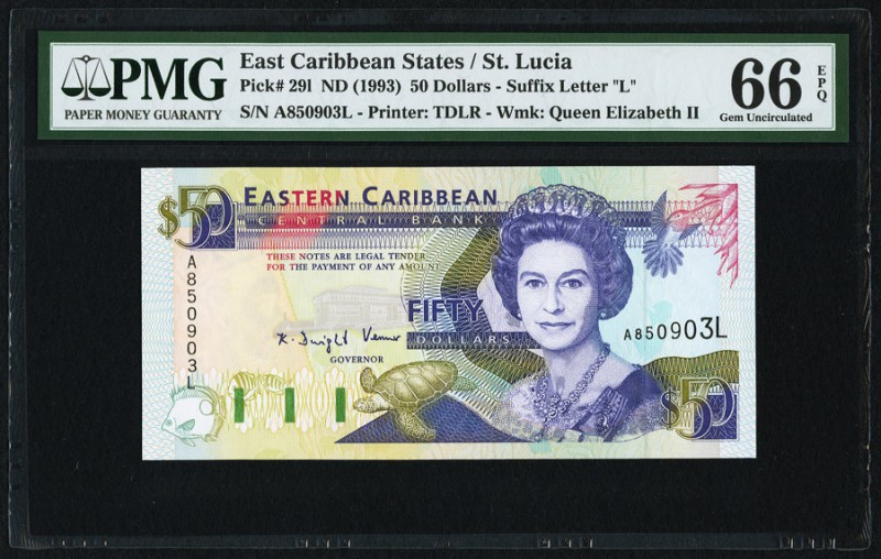 East Caribbean States Central Bank, St. Lucia 50 Dollars ND (1993) Pick 29l PMG ...