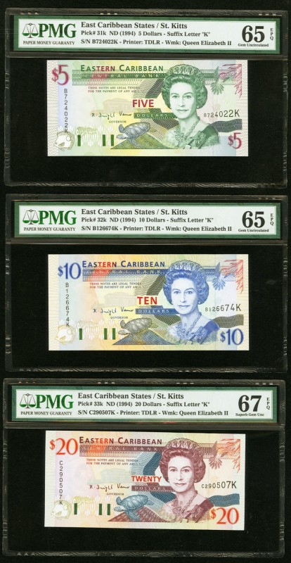 East Caribbean States Central Bank, St. Kitts 5; 10; 20 Dollars ND (1994) Pick 3...