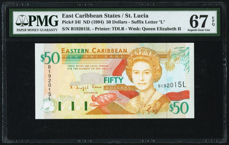 East Caribbean States Central Bank, St. Lucia 50 Dollars ND (1994) Pick 34l PMG ...