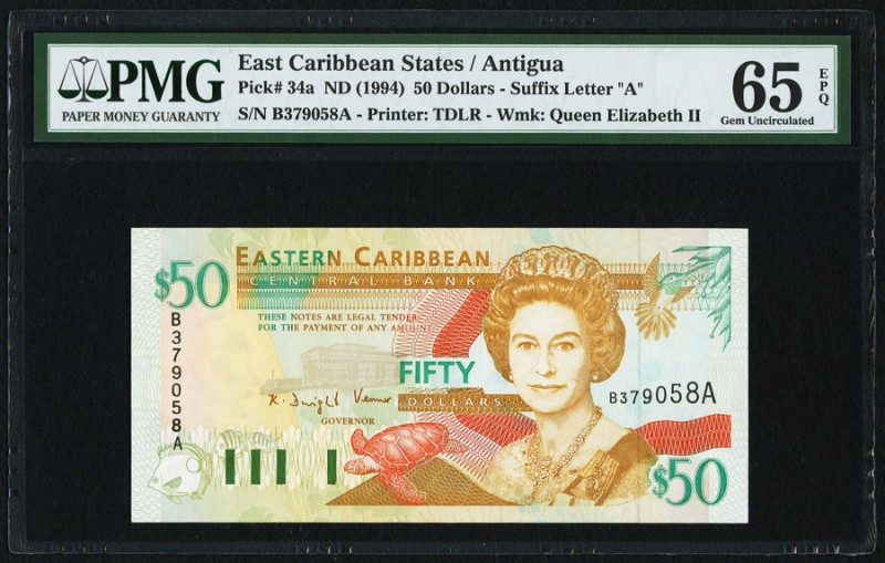 East Caribbean States Central Bank, Antigua 50 Dollars ND (1994) Pick 34a PMG Ge...