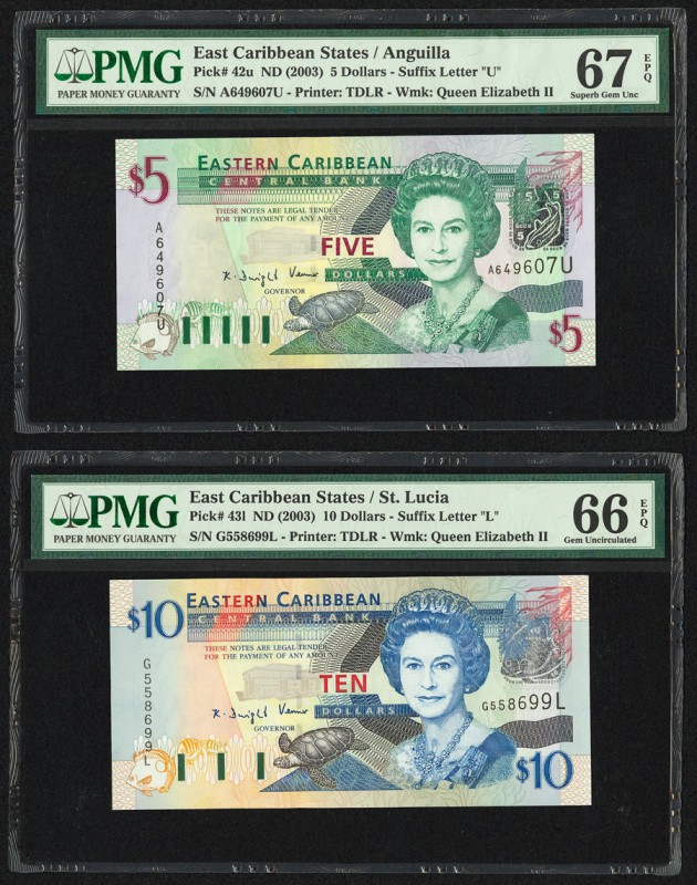 East Caribbean States Central Bank 5; 10 Dollars ND (2003) Pick 42u; 43l Two Exa...