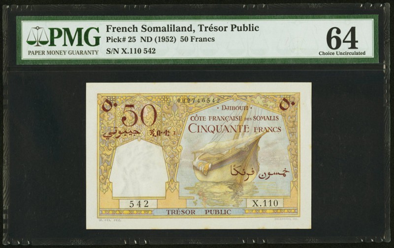 French Somaliland Tresor Public Cote Francaise 50 Francs ND (1952) pick 25 PMG C...