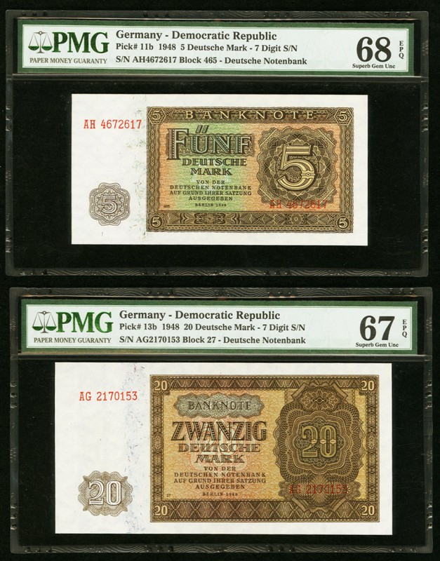 Germany Deutsche Notenbank 5; 20 1948 Pick 11b; 13b Two Examples PMG Superb Gem ...