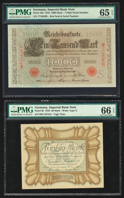 Germany Imperial Bank Note 1000; 50 Mark 21.4.1910; 30.11.1918 Pick 44b; 65 PMG ...