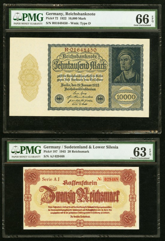 Germany Group Lot of 3 PMG Graded Examples. 10,000 Mark 1922 Pick 72 PMG Gem Unc...