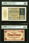 Germany Group Lot of 3 PMG Graded Examples. 10,000 Mark 1922 Pick 72 PMG Gem Uncirculated 66 EPQ; 20 Reichsmark 1945 Pick 187 PMG Choice Uncirculated ...