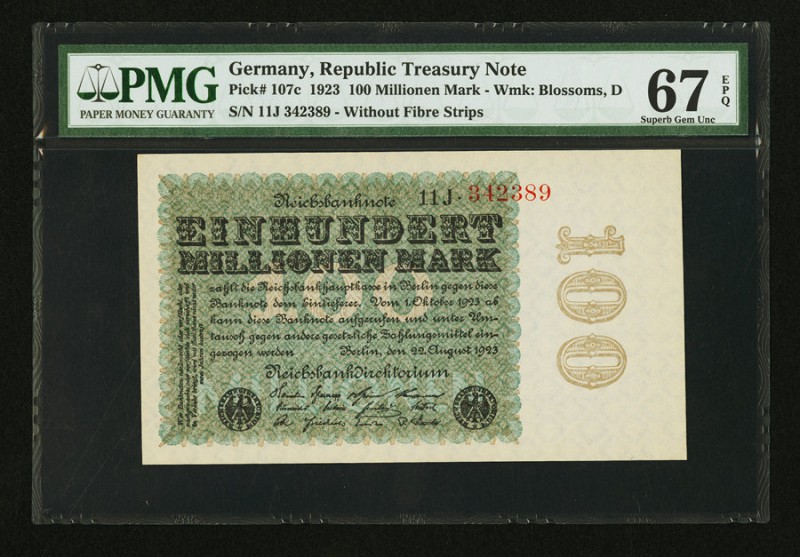 Germany Republic Treasury Note 100 Millionen Mark 22.8.1923 Pick 107c PMG Superb...