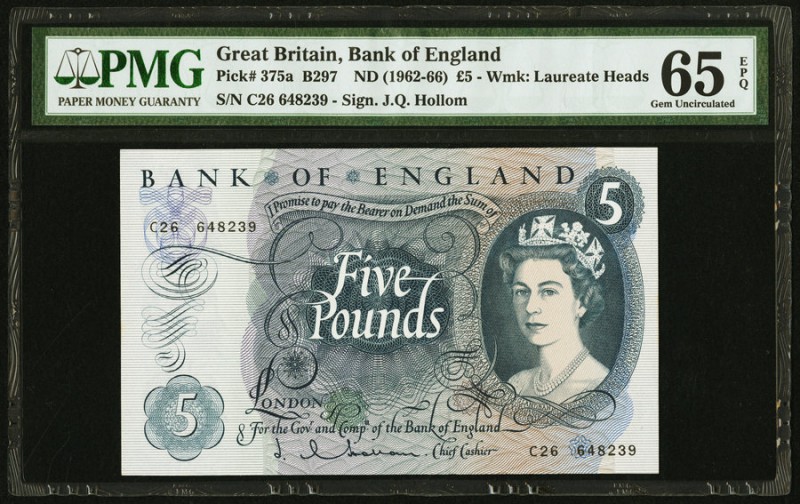 Great Britain Bank of England 5 Pounds ND (1962-66) Pick 375a PMG Gem Uncirculat...