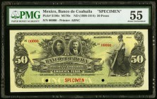 Mexico Banco De Coahuila 50 Pesos ND (1898-1914) Pick S198s M170s Specimen PMG About Uncirculated 55. Two POCs; pinholes.

HID09801242017