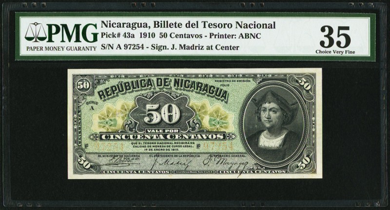 Nicaragua Billete del Tesoro Nacional 50 Centavos 1.1.1910 Pick 43a PMG Choice V...