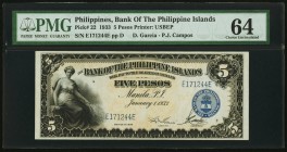 Philippines Bank of the Philippine Islands 5 Pesos 1.1.1933 Pick 22 PMG Choice Uncirculated 64. 

HID09801242017