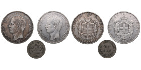 Greece (Paris Mint) - George I (1863-1913) (3)
Various condition. 5 Drachmai 1875, 1876; 20 Lepta 1894. KM 46; KM 57.