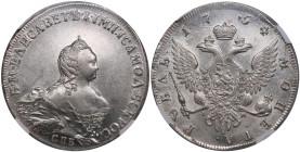 Russia Rouble 1754 СПБ-IM - Elizabeth (1741-1762) - NGC MS 61
An impressive exemplar of the Benjamin Scott portrait type, distinguished by its distinc...