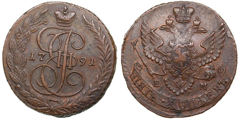 Russia (Ekaterinburg mint) 5 Kopecks 1791 EM - Catherine II the Great (1762-1796...