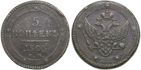 Russia (Ekaterinburg mint) 5 Kopecks 1803 EM - Alexander I (1801-1825)
50.65g. XF-/XF. Type 1802. Bitkin 283. 