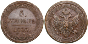 Russia 5 Kopecks 1803 EM - Alexander I (1801-1825)
51.38g. AU/XF. Beautiful exemplar with natural yellow-brown toning and good relief details. Type 18...