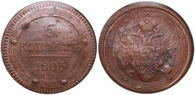 Russia 5 Kopecks 1803 EM - Mule - Alexander I (1801-1825) - NGC UNC DETAILS
Cleaned and with minimal laminations, but still a superb exemplar with tra...