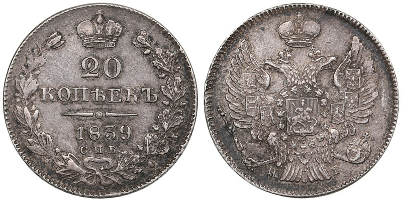 Russia 20 Kopecks 1839 СПБ-HГ - Nicholas I (1825-1855)
4.15g. AU/AU. Appealing a...