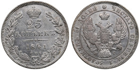 Russia 25 Kopecks 1841 СПБ-НГ - Nicholas I (1825-1855)
4.94g. XF+/XF-. Attractive exemplar with mint luster. A rarely encountered year, especially in ...