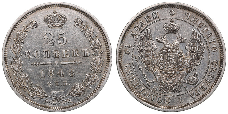 Russia 25 Kopecks 1848 СПБ-HI - Nicholas I (1825-1855)
5.14g. XF/XF+. Attractive...