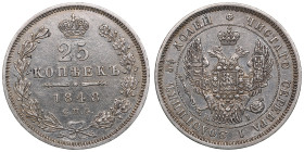 Russia 25 Kopecks 1848 СПБ-HI - Nicholas I (1825-1855)
5.14g. XF/XF+. Attractive exemplar with some mint luster and good relief details. Eagle type - ...