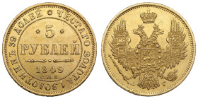 Russia 5 Roubles 1849 СПБ-АГ - Nicholas I (1825-1855)
6.51g. Au 0.917. AU/AU. An attractive specimen with mint luster. Bitkin 31; Friedberg 155; KM 17...