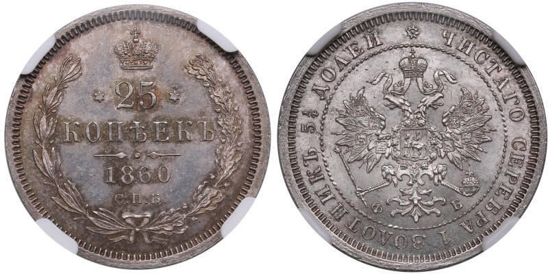 Russia 25 Kopecks 1860 СПБ-ФБ - Alexander II (1855-1881) - NGC MS 64
TOP POP. Th...