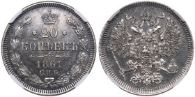Russia (Paris mint) 20 Kopecks 1861 СПБ - Alexander II (1855-1881) - NGC UNC DETAILS
Cleaned, but still attractive exemplar. Bitkin 171. 