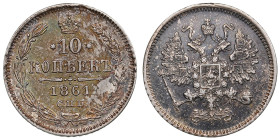 Russia (Paris mint) 10 Kopecks 1861 СПБ - Alexander II (1855-1881)
1.98g. AU/XF. Beautiful toning and mint luster. Dotted edge. Bitkin 293 R2. Very r...
