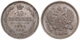 Russia (Paris mint) 10 Kopecks 1861 СПБ - Alexander II (1855-1881)
2.01g. UNC/UNC. Charming lustrous exemplar with beautiful elegant toning. Bitkin 29...